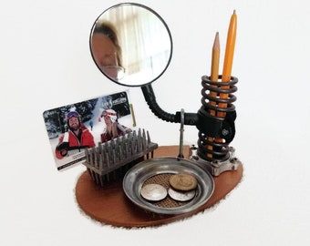 Unusual desktop organizer with mirror Business card holder Spring pen pencil brush stand Industrial office accessory Women Coworker gift