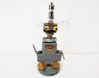 Computer geek robot sculpture Bot art Found object Assemblage art dolls Junk metal artwork Desk industrial figurine Unusual gift for men