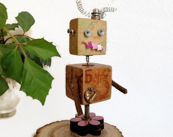 Robot assemblage art bot Wooden in love robot figurine Desk steampunk sculpture Quirky decor Unusual gift for men women