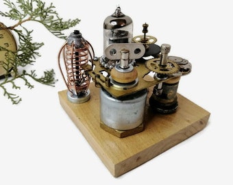 Repurposed steampunk TIME MACHINE Unusual gift for men sculpture Science fiction desk decor Found objects Industrial metal art Mixed media