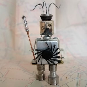 Robot sculpture for desk Assemblage art doll Metal found object bot Steampunk repurposed art with vacuum tube Gift for men women
