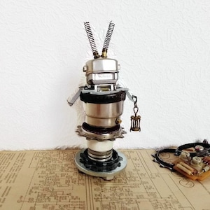 Metal robot sculpture Unusual gift for man Small cute tech figure Science fiction art Industrial assemblage artwork Repurposed object