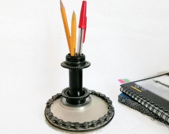 Unusual pen holder Cell phone Iphone desk stand Nightstand organizer for men Recycled bike chain part Industrial office decor Gift for man