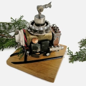 Steampunk train sculpture Unusual gift for men Dieselpunk Time Machine Steam locomotive Industrial desk decor Techno metal art Upcycled foun