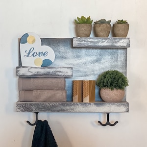 Rustic Bathroom Shelf with Modern Towel Hooks | Farmhouse Decor | Rustic Furniture | Country Rustic Storage | Towel Rack