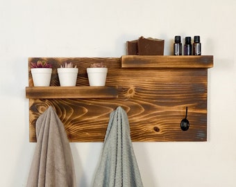 Rustic Shelf with Hooks | Farmhouse Towel Rack | Industrial Home Decor | Country Rustic Storage | Above Toilet Shelf