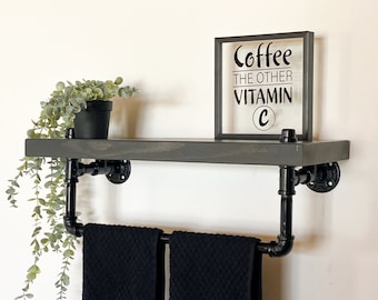 Industrial Towel Holder with Shelf | Farmhouse Rustic Home Decor | Towel Holder and Shelf for Kitchen Bathroom Accessories