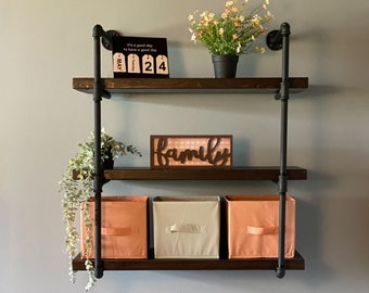 3 Tiered Shelf | Industrial Pipe and Wood Shelving Unit | Rustic Industrial Shelves | Handmade Modern Furniture