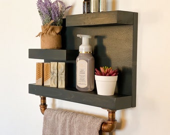 Rustic Bathroom Shelf with Industrial Towel Bar | Farmhouse Decor | SteamPunk | Country Rustic Storage | Towel Rack