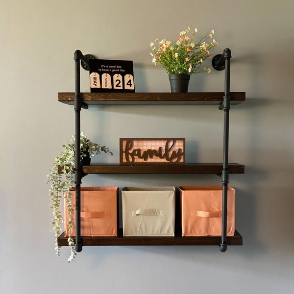 3 Tiered Shelf | Industrial Pipe and Wood Shelving Unit | Rustic Industrial Shelves | Handmade Modern Furniture