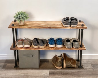 Rustic Shoe Rack 40" | Industrial Shoe Storage | Shoe Bench or Cabinet | Shoe Rack Bench Metal Wooden | Entryway Organizer