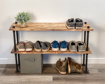 Rustic Shoe Rack 40" | Industrial Shoe Storage | Shoe Bench or Cabinet | Shoe Rack Bench Metal Wooden | Entryway Organizer