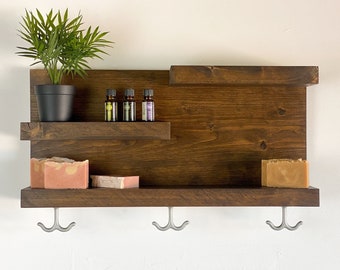 Unique Bathroom Shelf with Industrial Towel Hooks | Farmhouse Decor | Country Rustic Storage | Toilet Paper Storage | Above Toilet Shelf