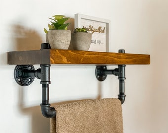 Industrial Towel Holder with Shelf | Farmhouse Rustic Home Decor | Towel Holder and Shelf for Kitchen Bathroom Accessories