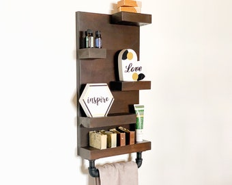 Rustic Bathroom Shelf with Industrial Towel Bar| Farmhouse Decor | Handmade Shelving for Organization | Country Rustic Storage | Towel Rack