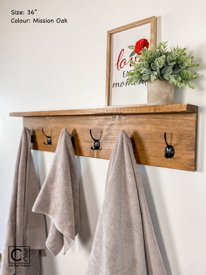 Rustic Towel Rack with Shelf Handmade Rustic Coat Rack Entryway Organization Towel Hooks or Coat Hooks image 5