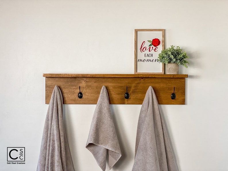 Rustic Towel Rack with Shelf Handmade Rustic Coat Rack Entryway Organization Towel Hooks or Coat Hooks image 4
