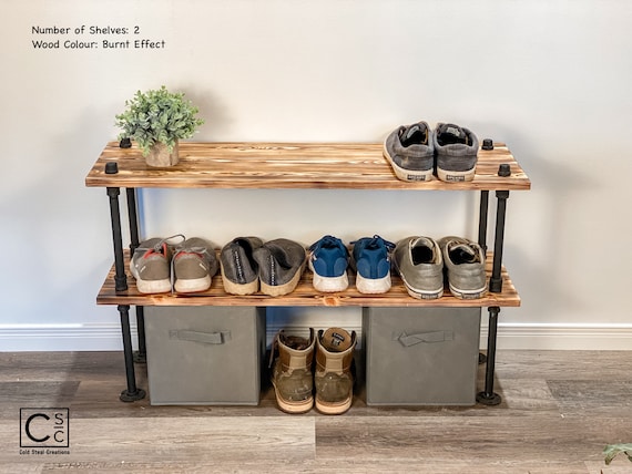 Rustic Torched Wood Shoe Rack