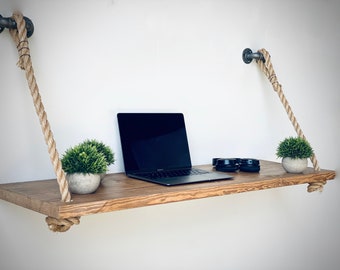 Rustic Standing Desk | Rope Shelf Desk | Solid Wood | Rope Shelf Desk | Floating Desk | Industrial Stand-Up Desk