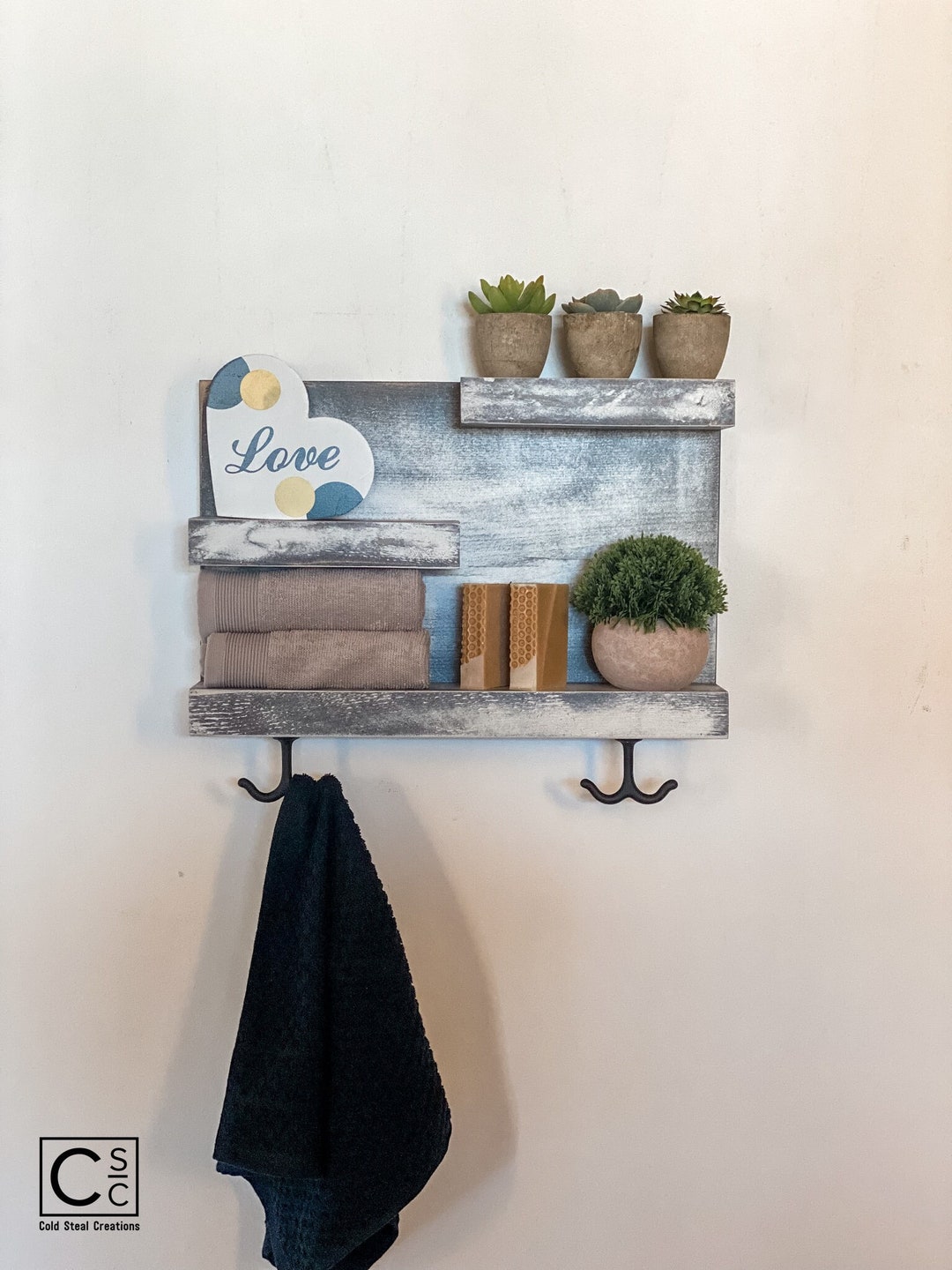 Rustic Bathroom Shelf With Modern Towel Hooks Farmhouse Decor Rustic ...