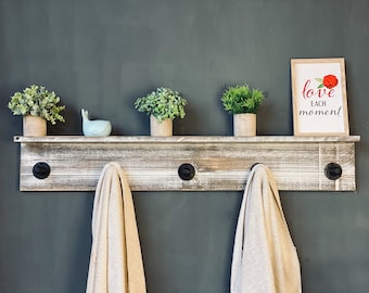 Industrial Towel Rack with Shelf | Handmade Rustic Coat Rack | Entryway Organization | Towel Hooks or Coat Hooks