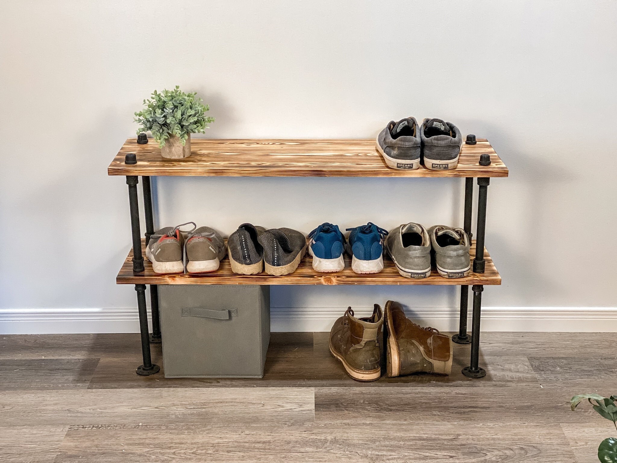 2 Tiered Shoe Rack, Vintage Metal Scrollwork and Burnt Wood Shoe