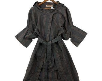 Vintage Marni Plaid Cotton Trench Coat – Belted Puffed Sleeve Overcoat (Size S)
