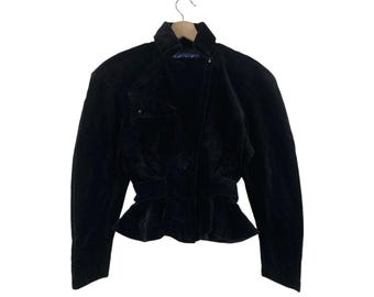 Vintage THIERRY MUGLER Black Velvet Bee Waist Jacket