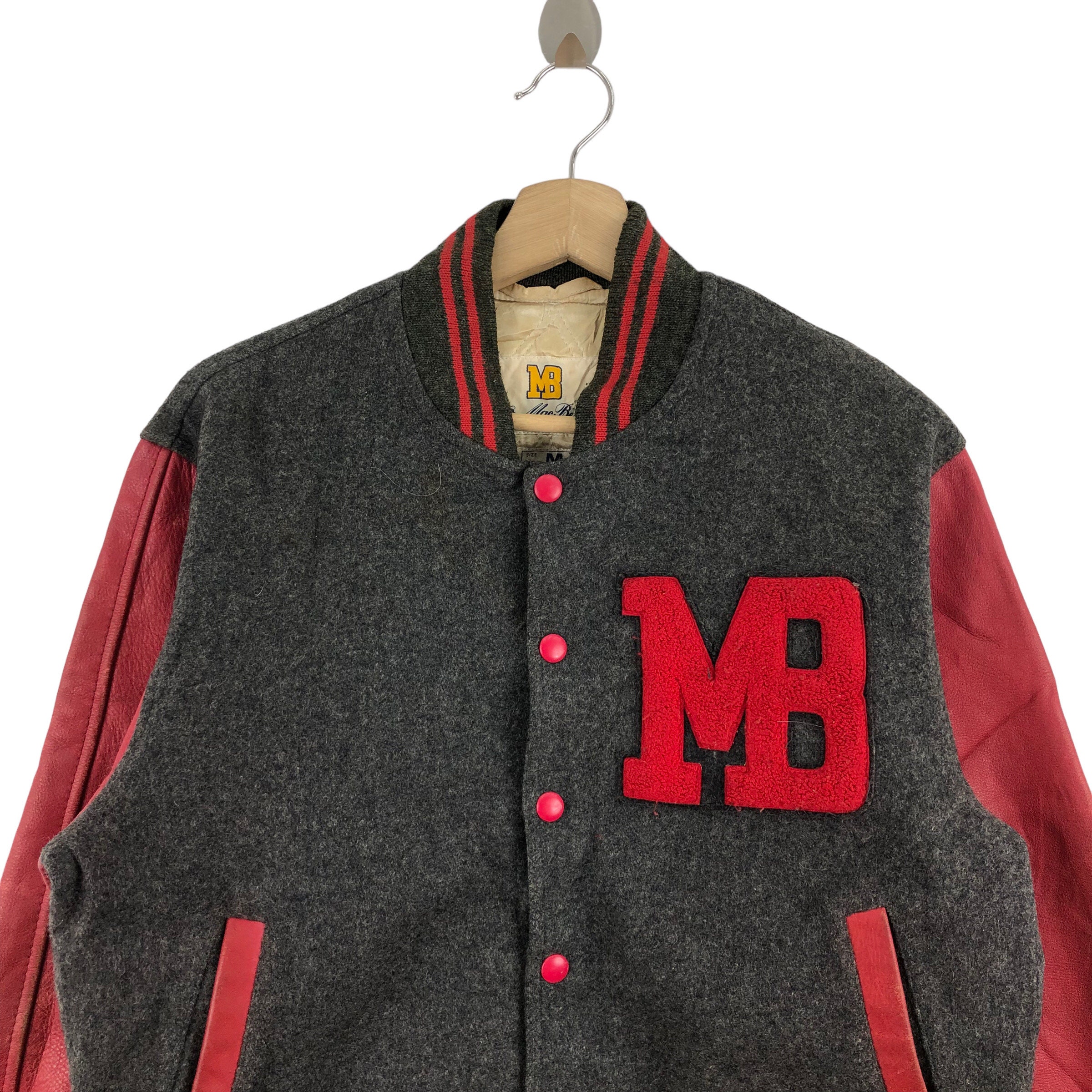 Vintage 90s MAC BETH Varsity Jacket Wool Leather Sleeve Big Logo 