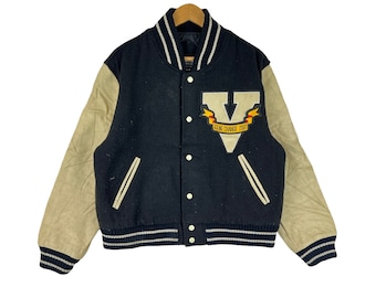 Vintage Van Jac Embroidered Logo Wool Leather Varsity Jacket