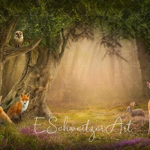 Sfondo fotografico in legno incantato. Sfondo della foresta magica. Animali del bosco. download digitale. Fantasia stampabile Art. Poster. Volpe. cervo