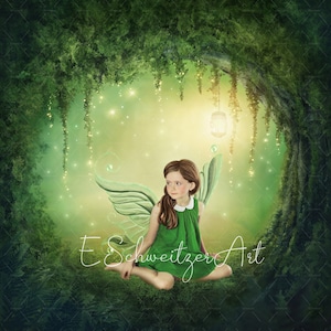 Sfondo Foresta Incantata. Sfondo magico digitale con copia spazio. Bosco delle Fate. Sfondo di muschio. Sfondo di legno magico. Poster artistici da parete
