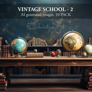 Vintage Old School -2. Back To School Digital Background. AI generated classroom backdrops. Blackboard, Books, Globe. 10 PACK