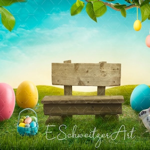 Happy Easter Background with Bench, Rabbit and Colorful Eggs for Photographers. digital download. FieldLandscape. Grass Meadow. Copyspace. image 2