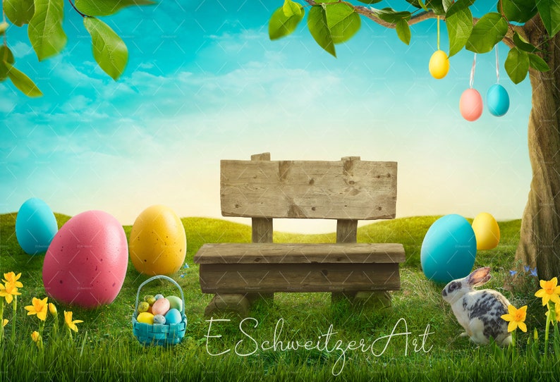 Happy Easter Background with Bench, Rabbit and Colorful Eggs for Photographers. digital download. FieldLandscape. Grass Meadow. Copyspace. image 2