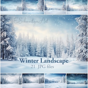 May include: A collage of 21 winter landscape images featuring snowy pine trees and a blue sky. The text "Winter Landscape 21 JPG files" is at the bottom of the collage.