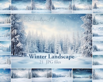 Abstract Winter Landscape Digital Backdrop Bundle. AI generated. Magic Christmas Forest Fantasy Wood Background. 21 PACK