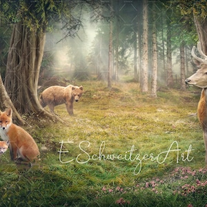 Enchanted Wood Photography Backdrop. Magic forest background. Woodland Animals. digital download. Fantasy Printable Art. Poster. Fox. deer