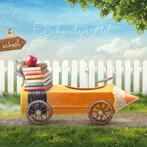 Back To School Digital Backdrop for Photographers. Driving In Pencil Car Funny Photoshop Background. Children Photography. composition
