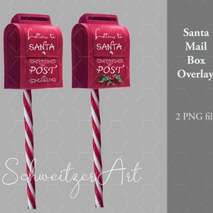May include: Two red Santa mailboxes with candy cane poles. The mailboxes have white lettering that says "Letters to Santa" and "Post".