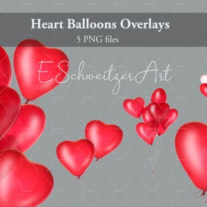 Red Heart Balloon Overlays. 5 PNG files. digital download. Valentine&#39;s Day Balloons. valentine love clip art Transparent background