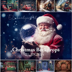 Könnte beinhalten: Eine Collage aus 21 digitalen Weihnachtshintergründen mit verschiedenen Szenen, darunter ein roter Lastwagen, ein Zug, ein Kamin, ein Bücherregal und eine Tür. Die Hintergründe sind ideal für Fotografen und Grafikdesigner, die festliche Bilder erstellen möchten.