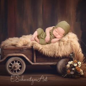 Wooden Vintage Car Prop With Fur Newborn Backdrop. Digital Download. Rustic Dark Brown Background. Children Photography.