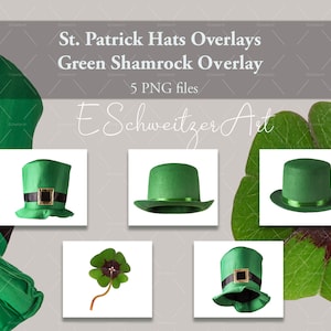 Könnte beinhalten: Fünf digitale Bilder von grünen Kleeblatt-Hüten und einem einzelnen Kleeblatt. Die Hüte befinden sich in verschiedenen Positionen und Winkeln. Das Kleeblatt befindet sich auf einem weißen Hintergrund. Der Text "St. Patrick Hats Overlays Green Shamrock Overlay 5 PNG files" befindet sich oben im Bild.