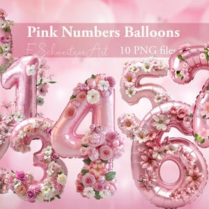 Könnte beinhalten: Rosa Zahlenballons, die mit rosa und weißen Blumen verziert sind. Die Zahlen sind 0, 1, 2, 3, 4, 5, 6, 7, 8 und 9.  Pink Numbers Balloons von Schweizer Art. 10 PNG-Dateien.