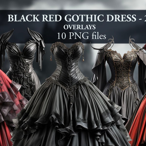 Black Red Gothic Woman Girl Dress Ball Gown Photo Overlay. 10 PACK. PNG files. Digital Download. Clipart for Photography Photoshop Composing