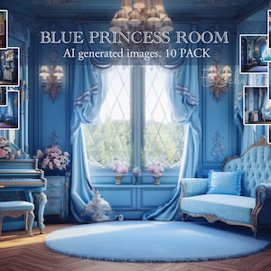 May include: A blue and gold princess-themed room with a grand piano, a chaise lounge, and a large window with blue curtains. The room is decorated with floral arrangements and ornate details.