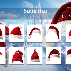 Könnte beinhalten: Zehn digitale Bilder von roten Weihnachtsmützen mit weißem Besatz. Die Mützen werden in verschiedenen Winkeln und Positionen gezeigt. Der Text "Santa Hats" und "10 PNG files" wird oben im Bild angezeigt.