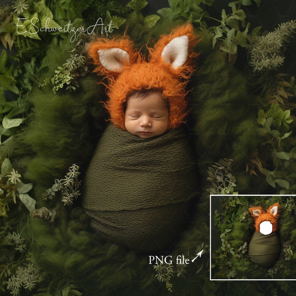 Woodland Newborn Digital Backdrop. PNG File Face Insert. Little Cute Fox Baby in Moss Ferns Nest. Photo Prop Photoshop Composite.