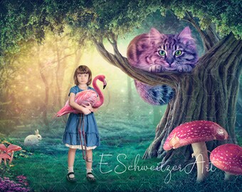 不思議の国のアリス。チェシャ猫。森。おとぎ話のデジタル背景。写真家